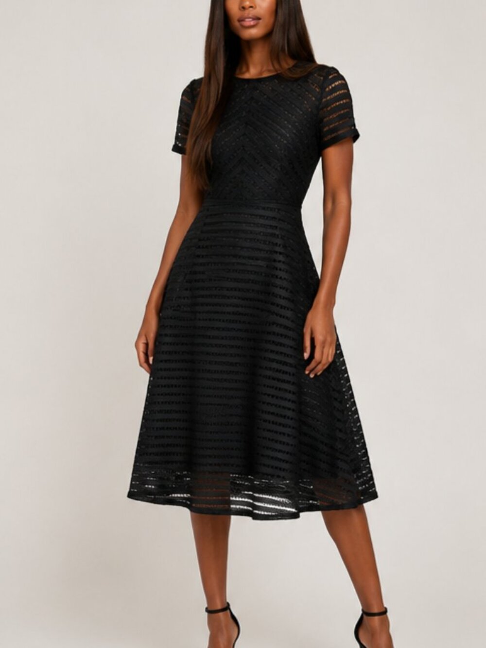 Classic Black Midi A-Line Dress with Short Sleeves